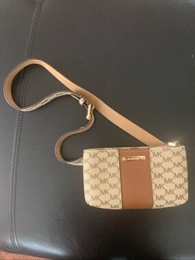 Michael Kors Beige MK Signature Crossbody with Brown Leather Trim